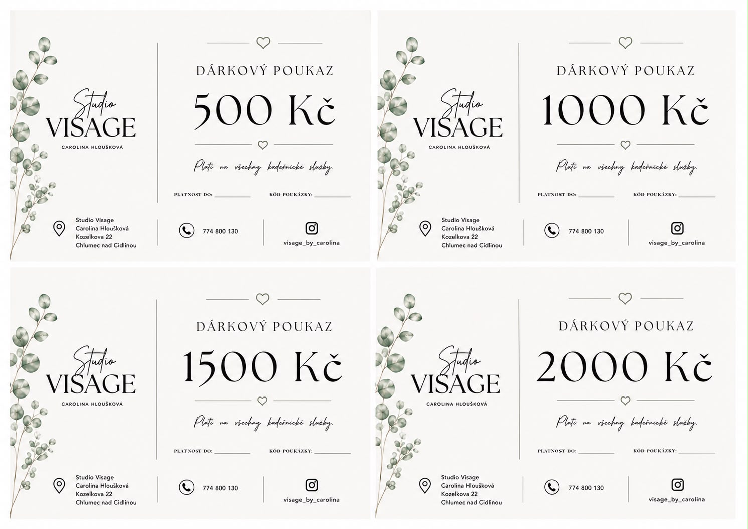 Dárkové poukazy Studia Visage v hodnotách 500, 1 000, 1 500 a 2 000 Kč