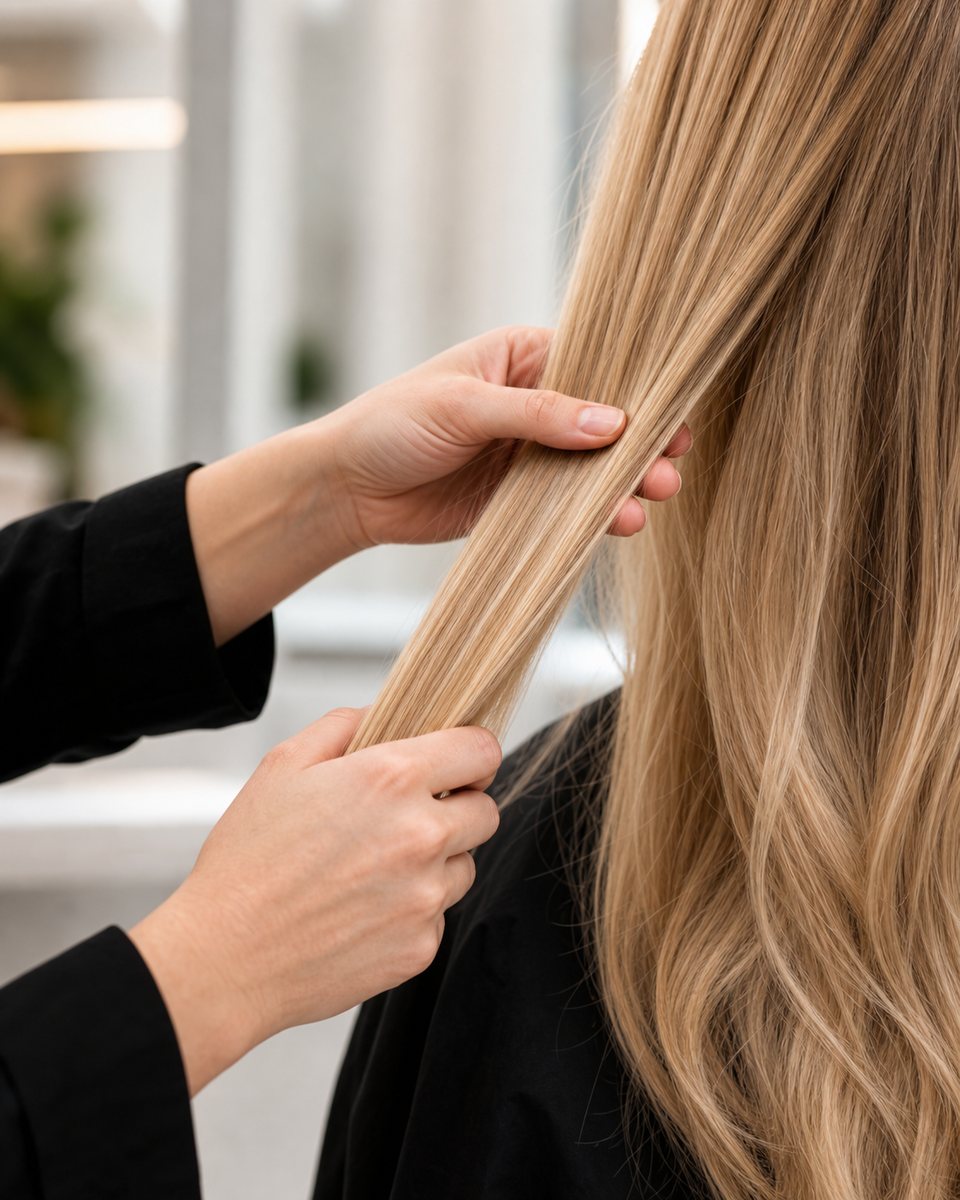 Detail péče o dlouhé blond vlasy při kadeřnickém ošetření