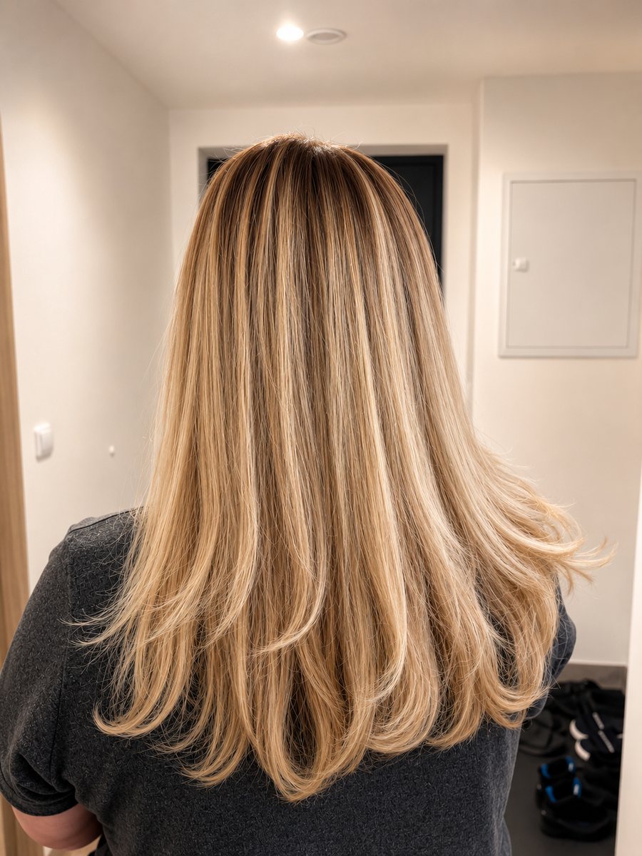 Dlouhé blond vlasy se světlými prameny a vrstveným střihem