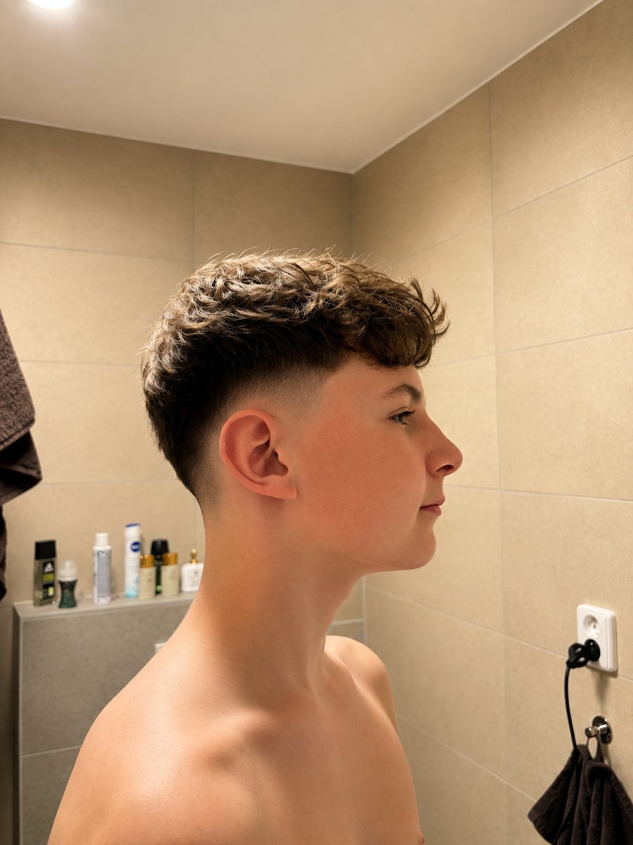 Pánský fade střih s vlnitou texturou na horní části vlasů