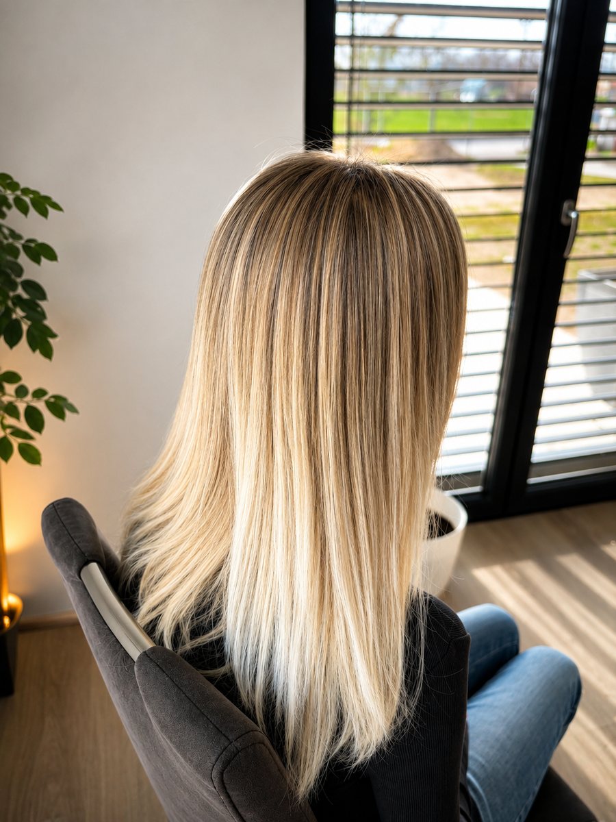Světlé blond vlasy s přirozenými prameny v salonu